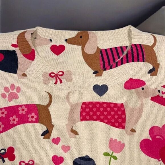 Cream and Pink Dog Print Crew Neck Sweater - Picture 3 of 5